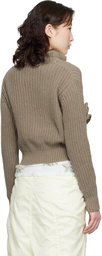 OPEN YY Taupe Applique Knit Zipup Sweater