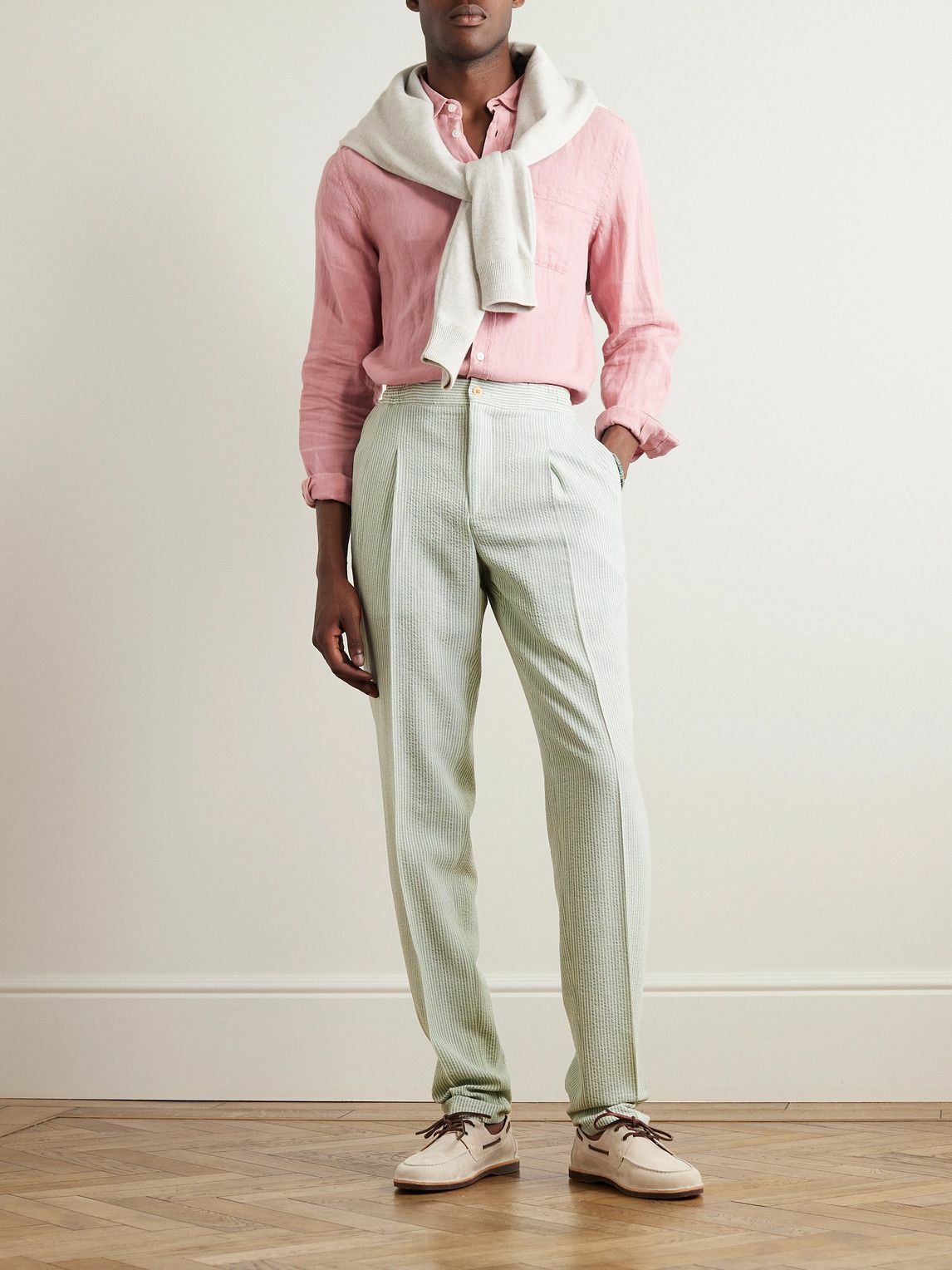 Rubinacci - Straight-Leg Pleated Striped Cotton-Seersucker Trousers ...