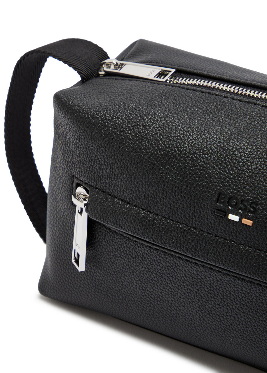 Boss Ray Logo Grained Leather Wash bag - Black - One Size