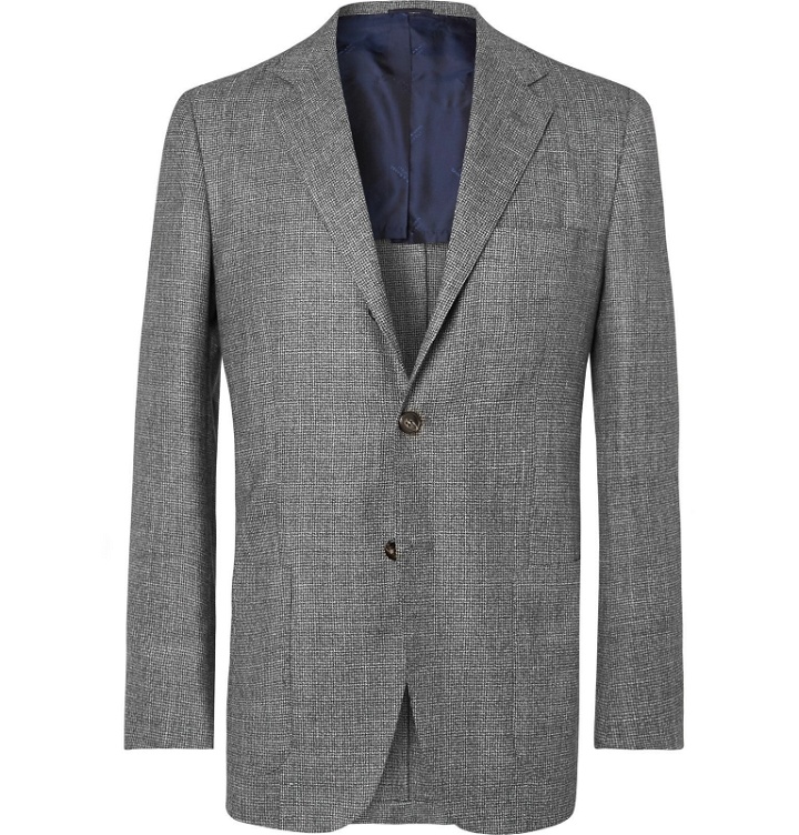Photo: Kiton - Grey Slim-Fit Unstructured Micro-Puppytooth Cashmere, Linen and Silk-Blend Suit Jacket - Gray