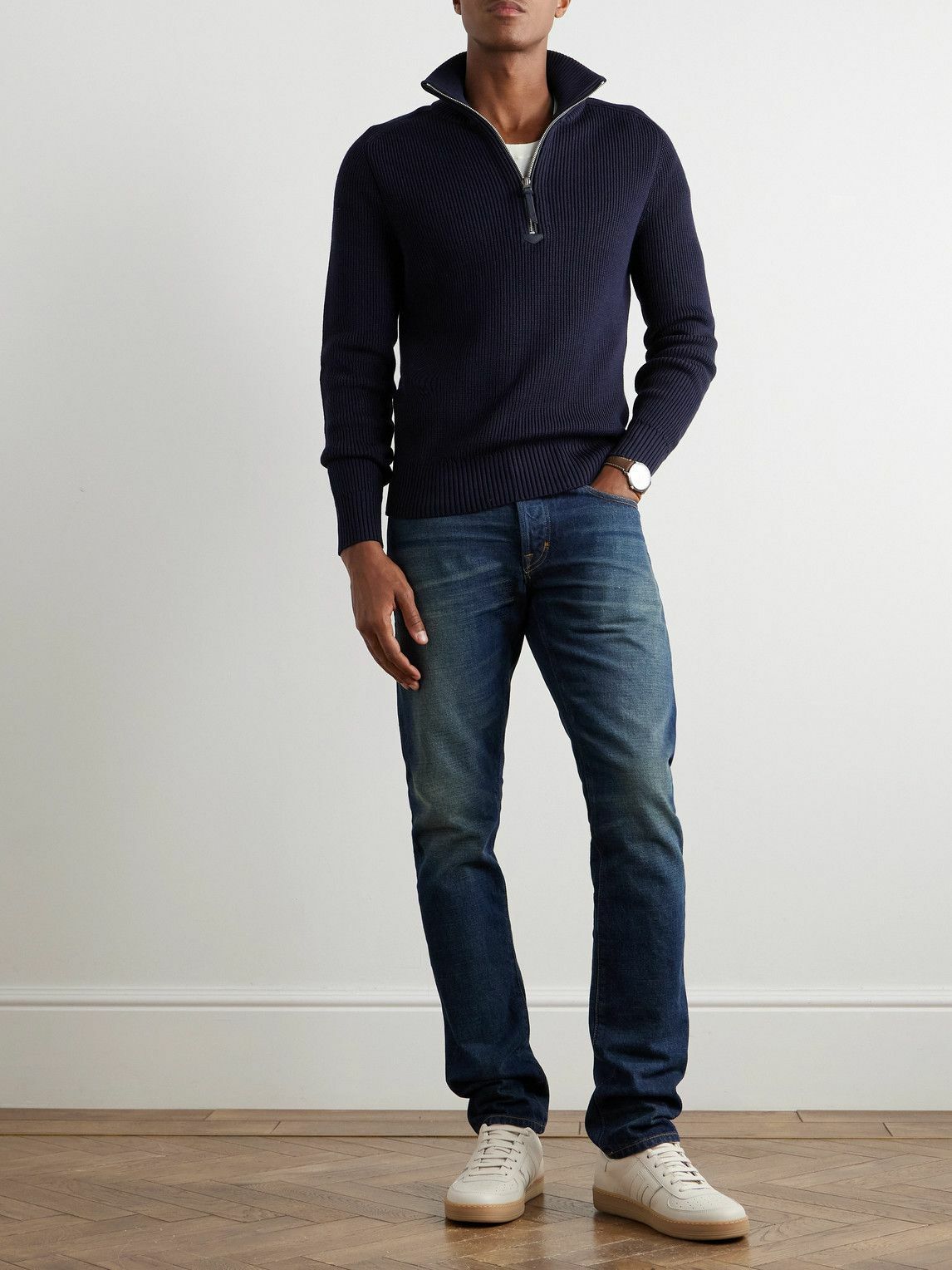 TOM FORD - Slim-Fit Ribbed Silk and Merino Wool-Blend Half-Zip