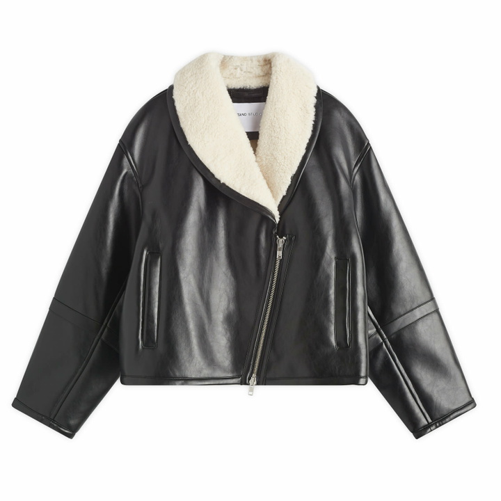 Photo: Stand Studio Women's Faux Fur Shearling Coat in Black/Off White