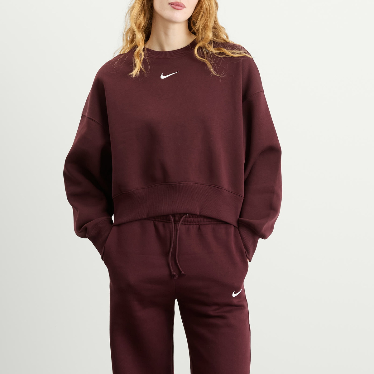 Nike Women's Phoenix Fleece Oversized Crewneck in Burgundy/Sail