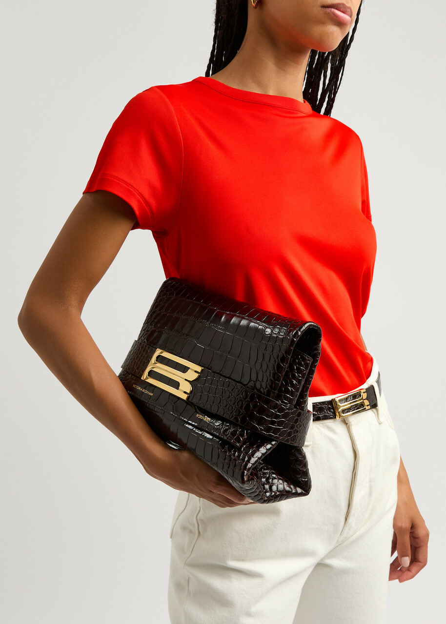 Victoria Beckham B Crocodile-effect Leather Pouch - Dark Brown - One Size