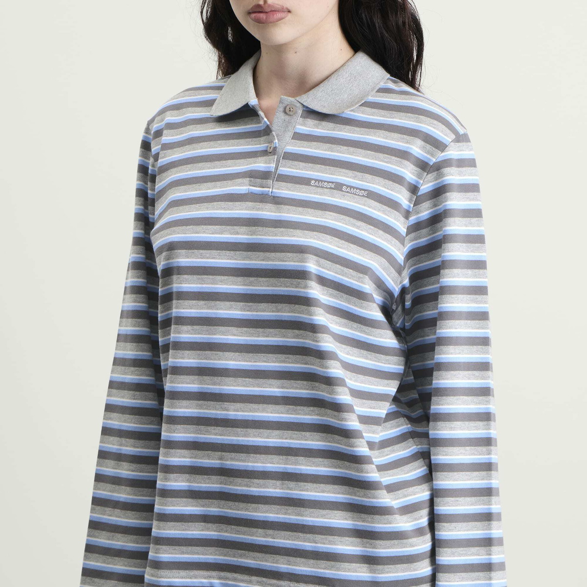 Samsøe Samsøe Women's x Madeline Argy Sadover Long Sleeve Polo in Grey/Blue Stripe