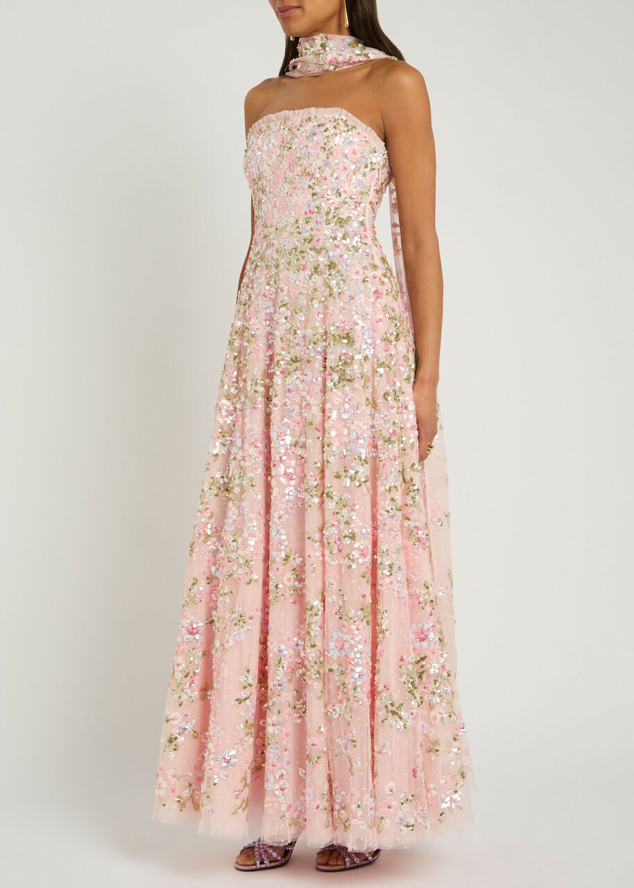 Needle & Thread Dream Garland Embellished Scarf-effect Gown Light Pink