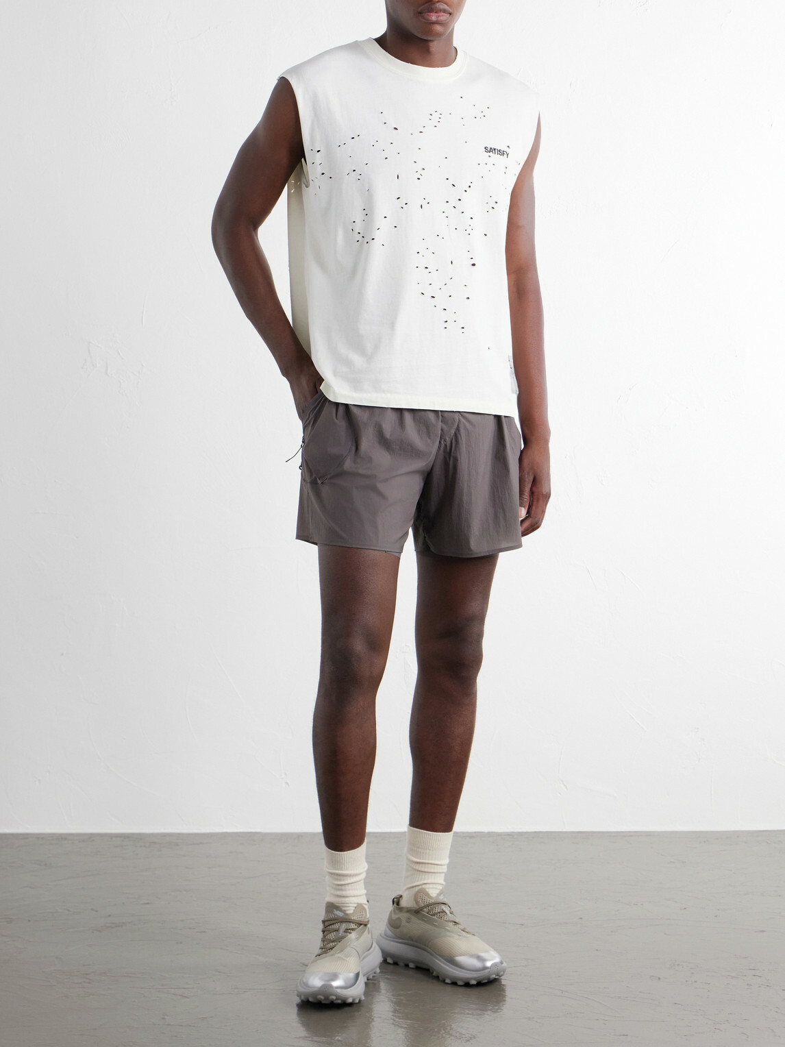 Satisfy - Distressed Logo-Print MothTech™ Organic Cotton-Jersey Tank Top - Neutrals