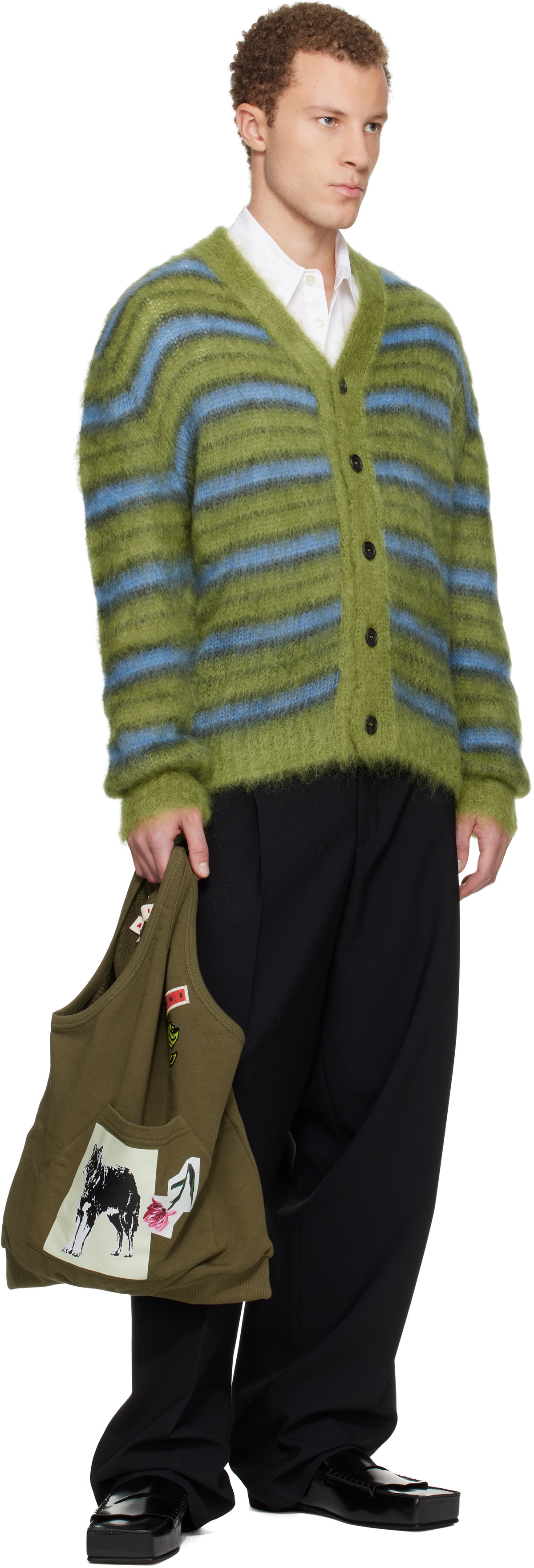 Marni Green & Blue Fuzzy Wuzzy Stripe V-Neck Cardigan