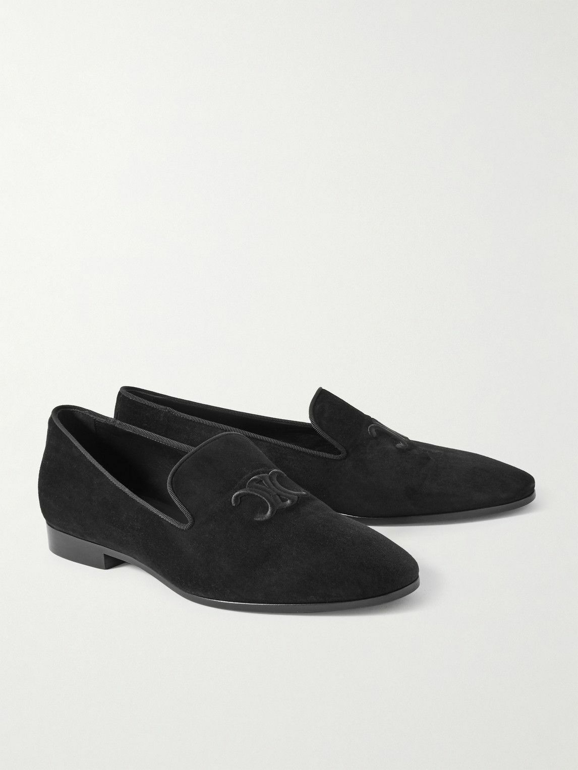 CELINE - Logo-Embroidered Grosgrain-Trimmed Suede Loafers - Black