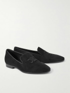 CELINE - Logo-Embroidered Grosgrain-Trimmed Suede Loafers - Black