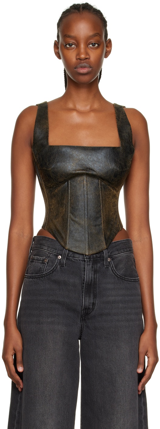 MISBHV Brown Cracked Faux-Leather Corset Camisole MISBHV