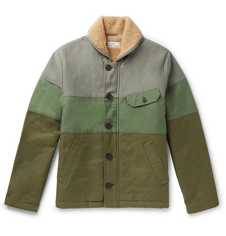 Photo: Universal Works - N1 Shawl-Collar Faux Shearling-Lined Striped Canvas Jacket - Men - Green