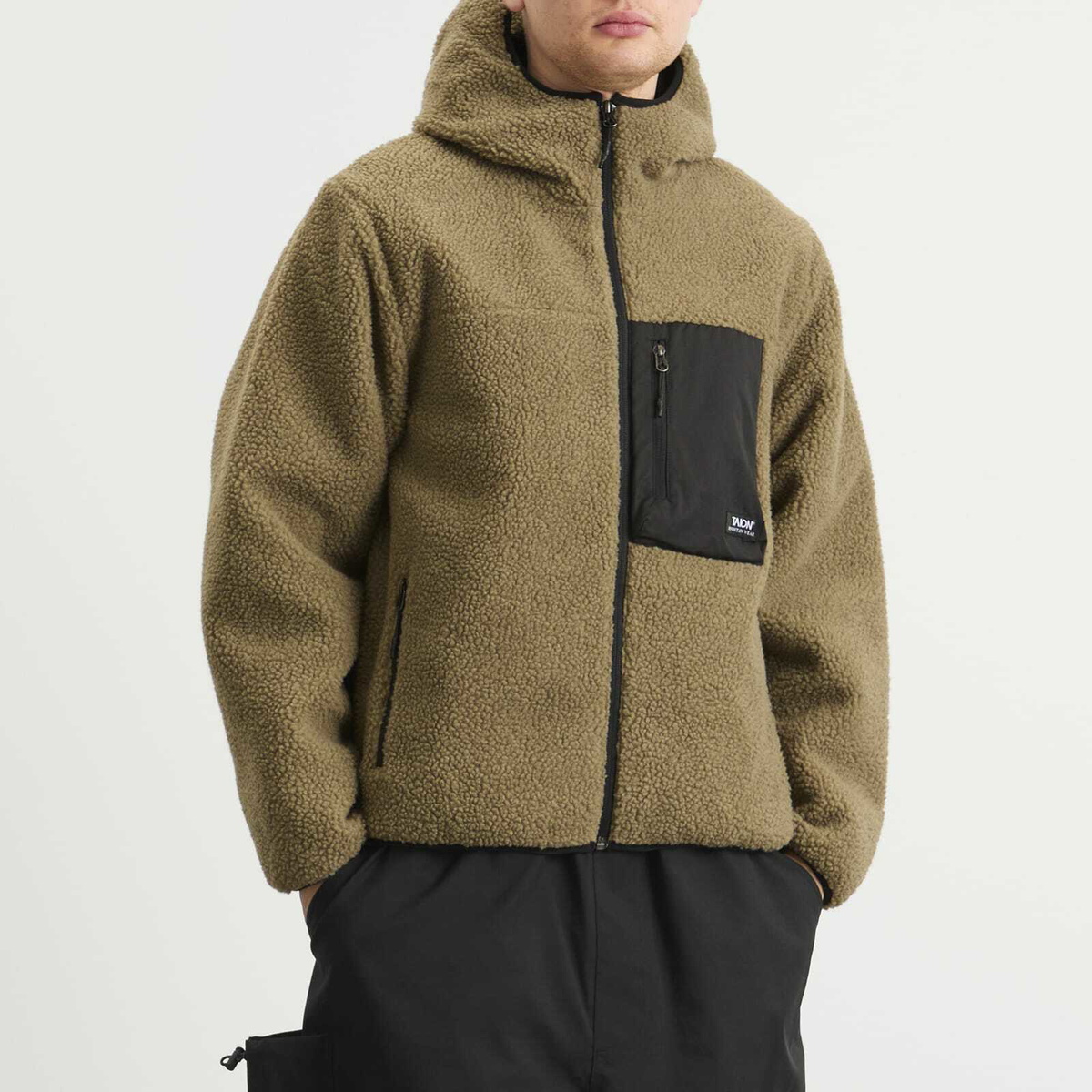 Taion Men's Mountain Boa Hooded Fleece Jacket in Dark Beige/Black
