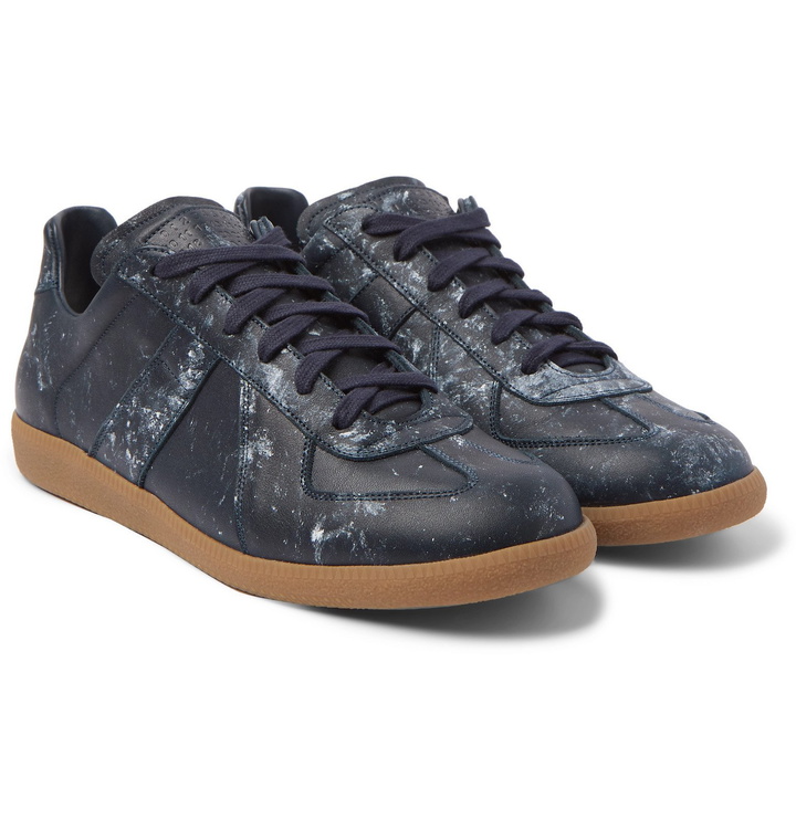 Photo: Maison Margiela - Replica Paint-Splattered Leather Sneakers - Blue