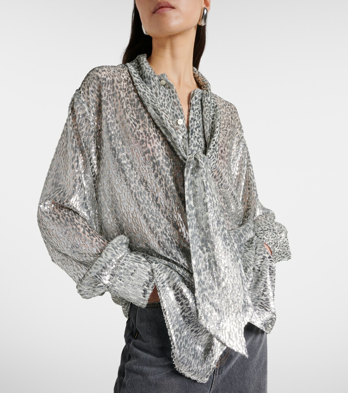 Stella McCartney Leopard-print scarf-detail lamé shirt