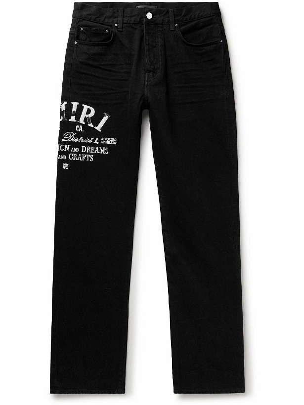 Photo: AMIRI - Straight-Leg Distressed Leather-Trimmed Logo-Embroidered Jeans - Black