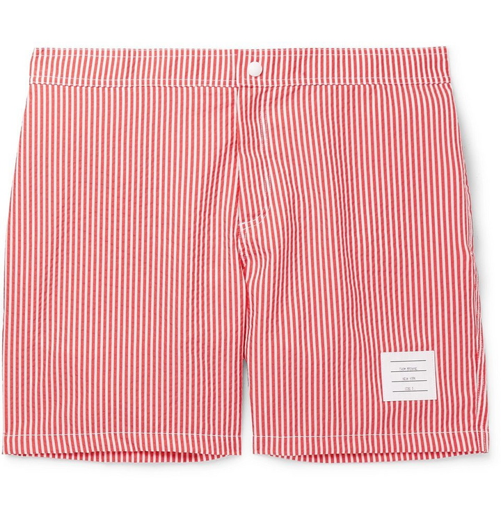 Photo: Thom Browne - Mid-Length Striped Seersucker Swim Shorts - Red