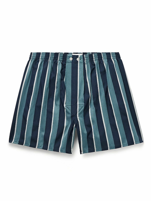 Photo: Derek Rose - Royal 221 Slim-Fit Striped Cotton-Poplin and Twill Boxer Shorts - Blue