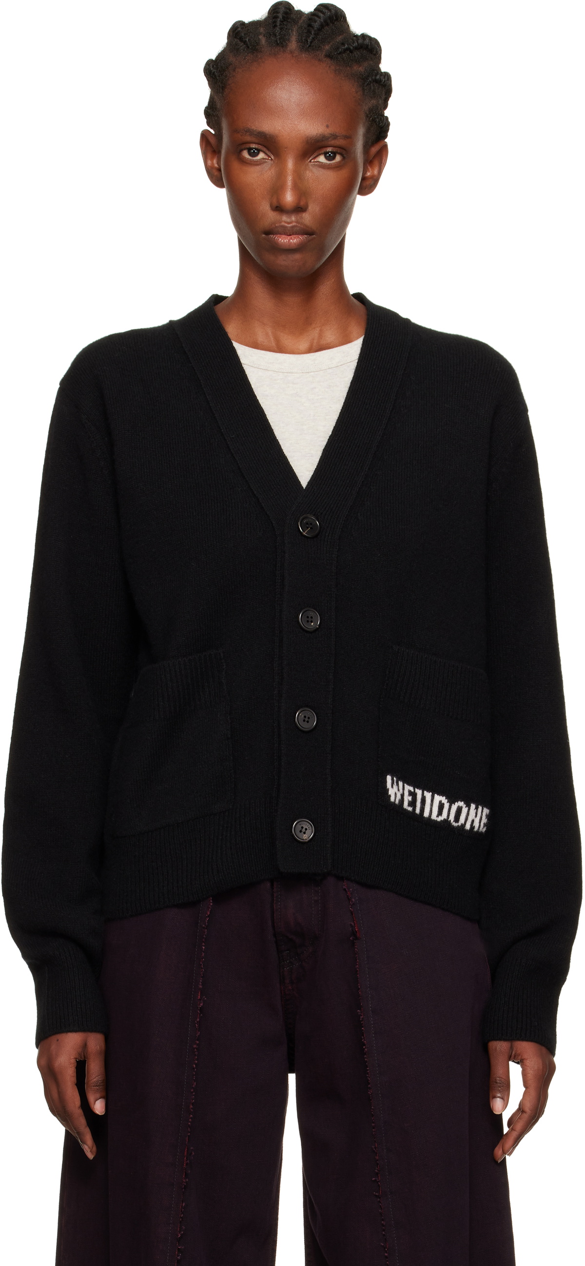 We11done Black Pocket Logo Knit Cardigan