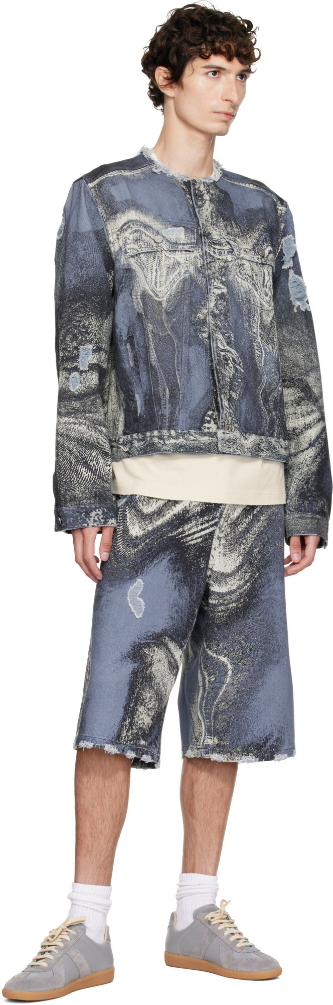 CAMPERLAB Blue Distorted Print Distressed Denim Jacket