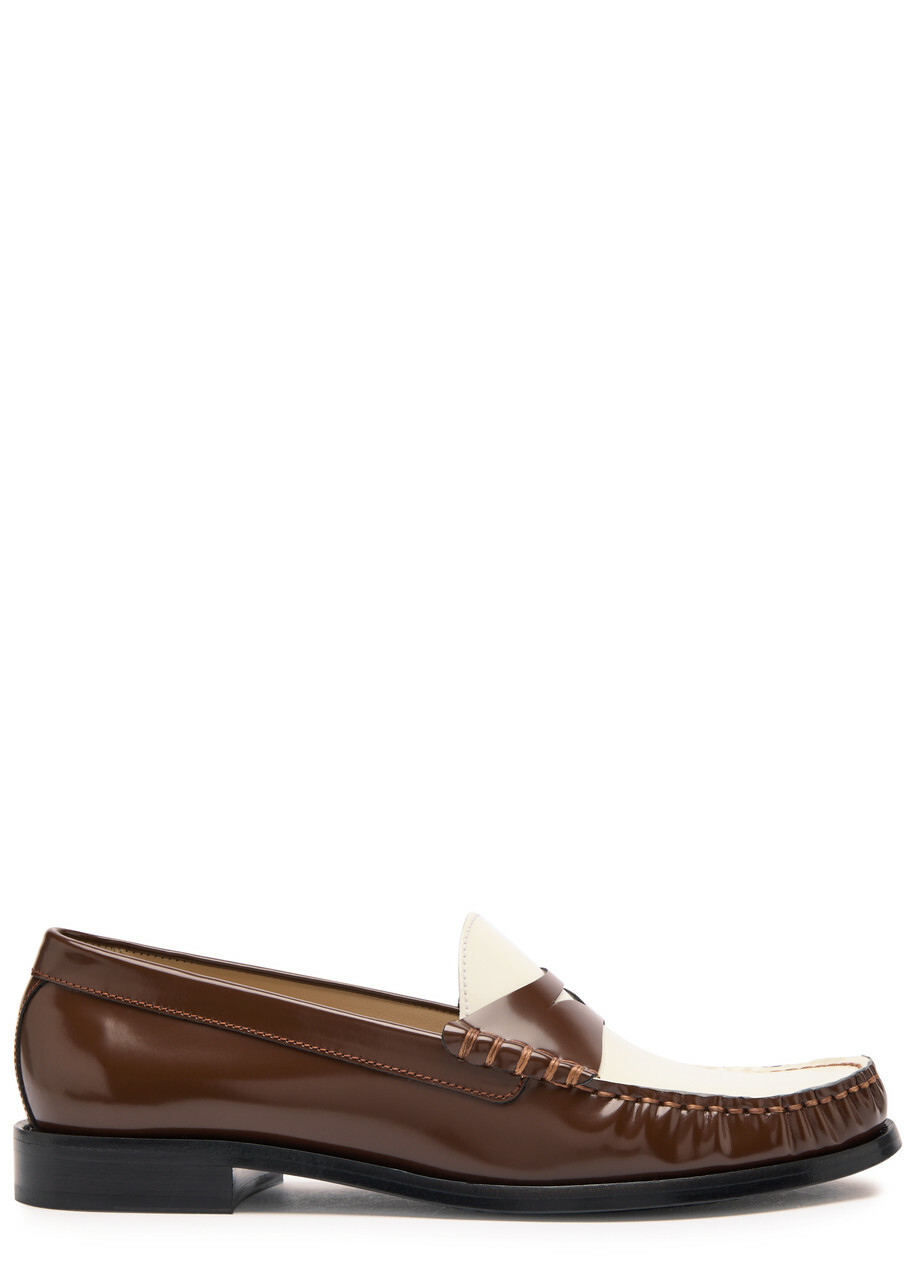Stuart Weitzman Lottie Colour-blocked Glossed Leather Loafers Brown
