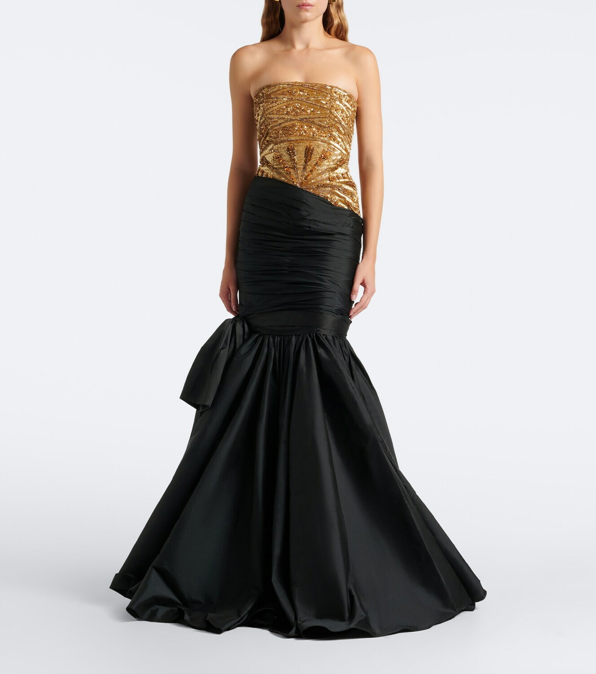 Là Fuori Gilded Geo draped sequined bustier gown