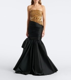 Là Fuori Gilded Geo draped sequined bustier gown