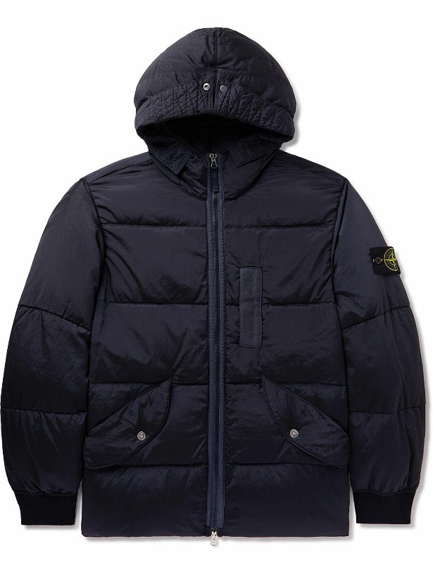 Photo: Stone Island - Logo-Appliquéd Quilted Crinkled-Shell Hooded Down Jacket - Blue