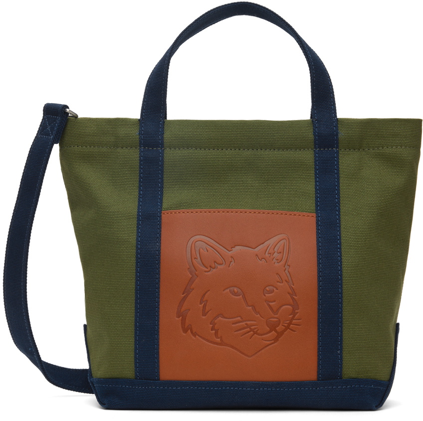 Maison Kitsuné Green & Navy Fox Head Tote Maison Kitsune Maison Kitsuné Green & Navy Fox Head Tote Maison Kitsune