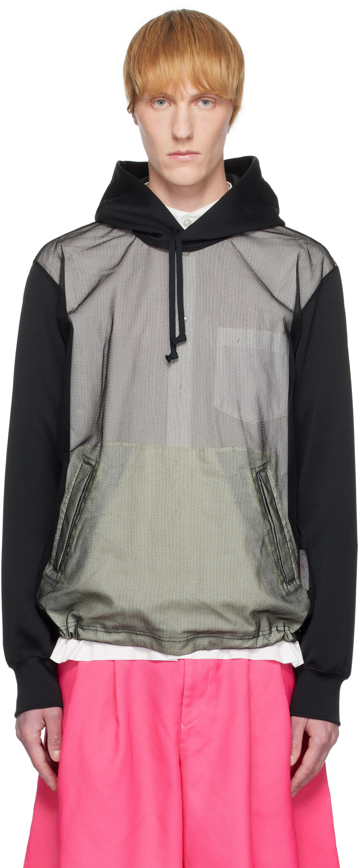 Comme des Garçons Homme Plus Black Polyester Smooth Thick & Nylon Tulle Hoodie