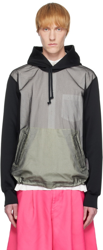 Photo: Comme des Garçons Homme Plus Black Polyester Smooth Thick & Nylon Tulle Hoodie