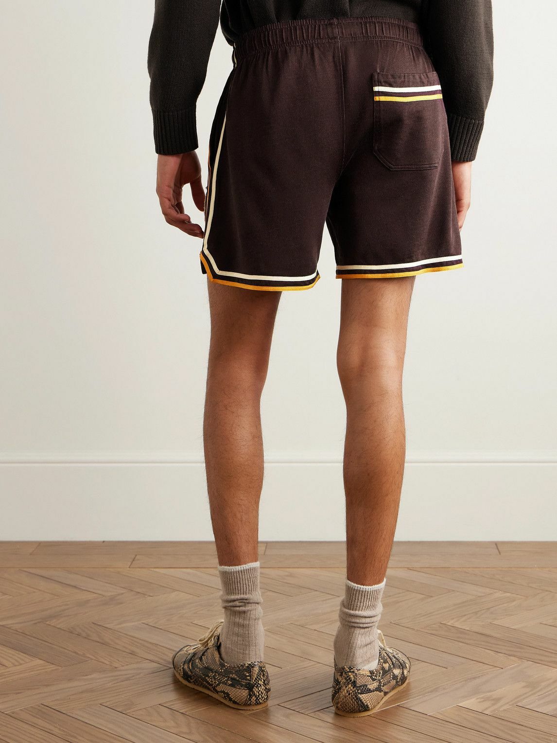 BODE - Bobcat Appliquéd Striped Jersey Shorts - Brown