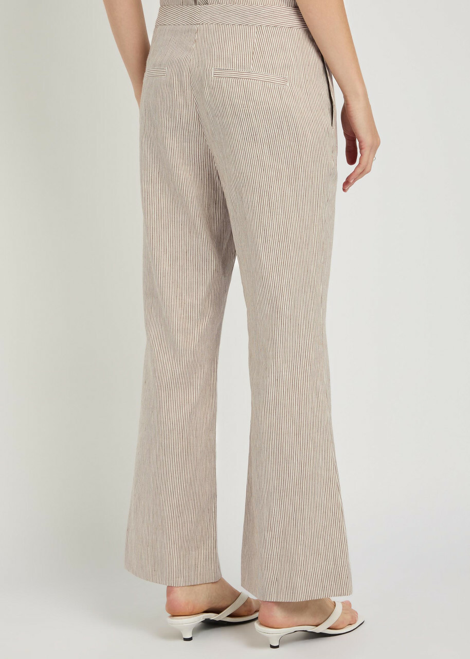 Vince Ticking Striped Flared-leg Linen and Cotton-blend Trousers Taupe