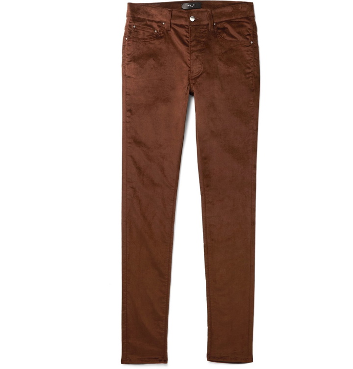 Photo: AMIRI - Stack Skinny-Fit Cotton-Blend Velvet Trousers - Brown