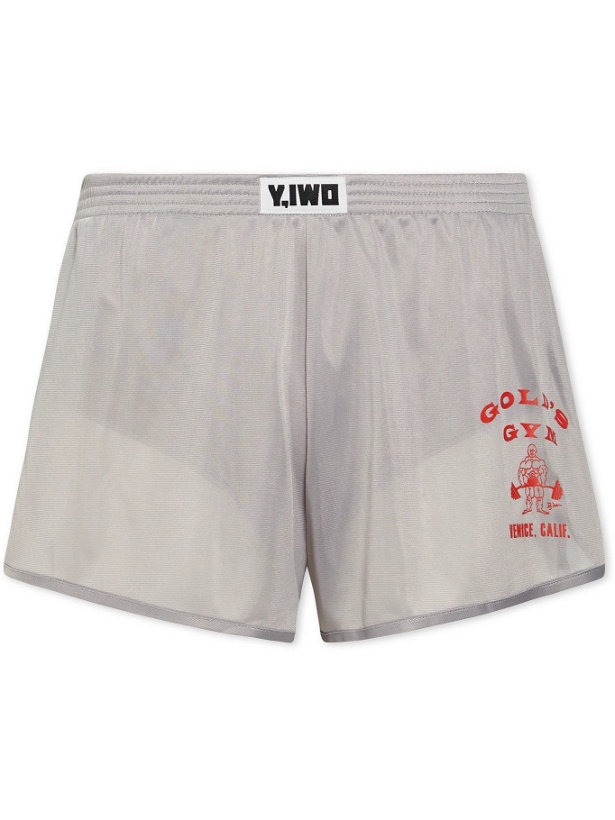 Photo: Y,IWO - Gold's Gym Logo-Print Metallic Tech-Jersey Shorts - Gray