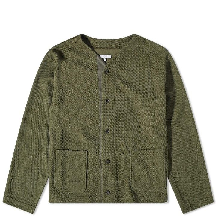 Photo: Engineered Garments Men's Knit Cardigan in Olive Diamond Poly