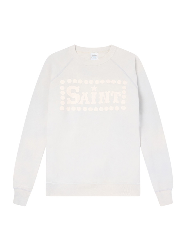 Photo: SAINT MXXXXXX - Saint Printed Distressed Cotton-Jersey Sweatshirt - Blue