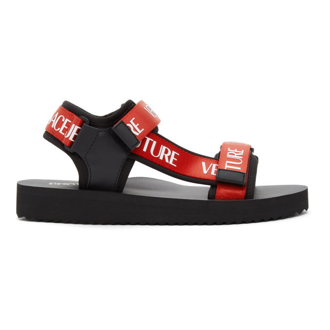 Photo: Versace Jeans Couture Red and Black Logo Strap Sandals