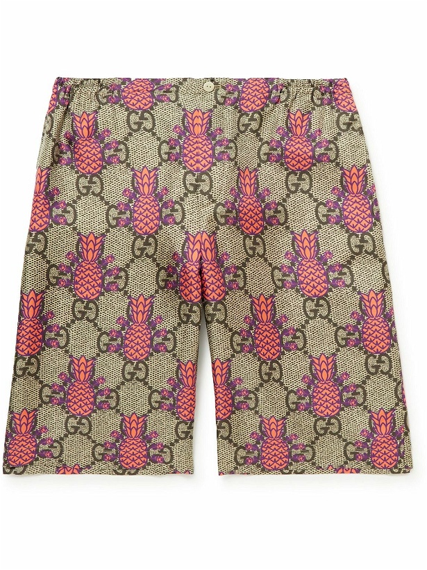 Photo: GUCCI - Wide-Leg Logo-Appliquéd Printed Silk-Twill Shorts - Brown