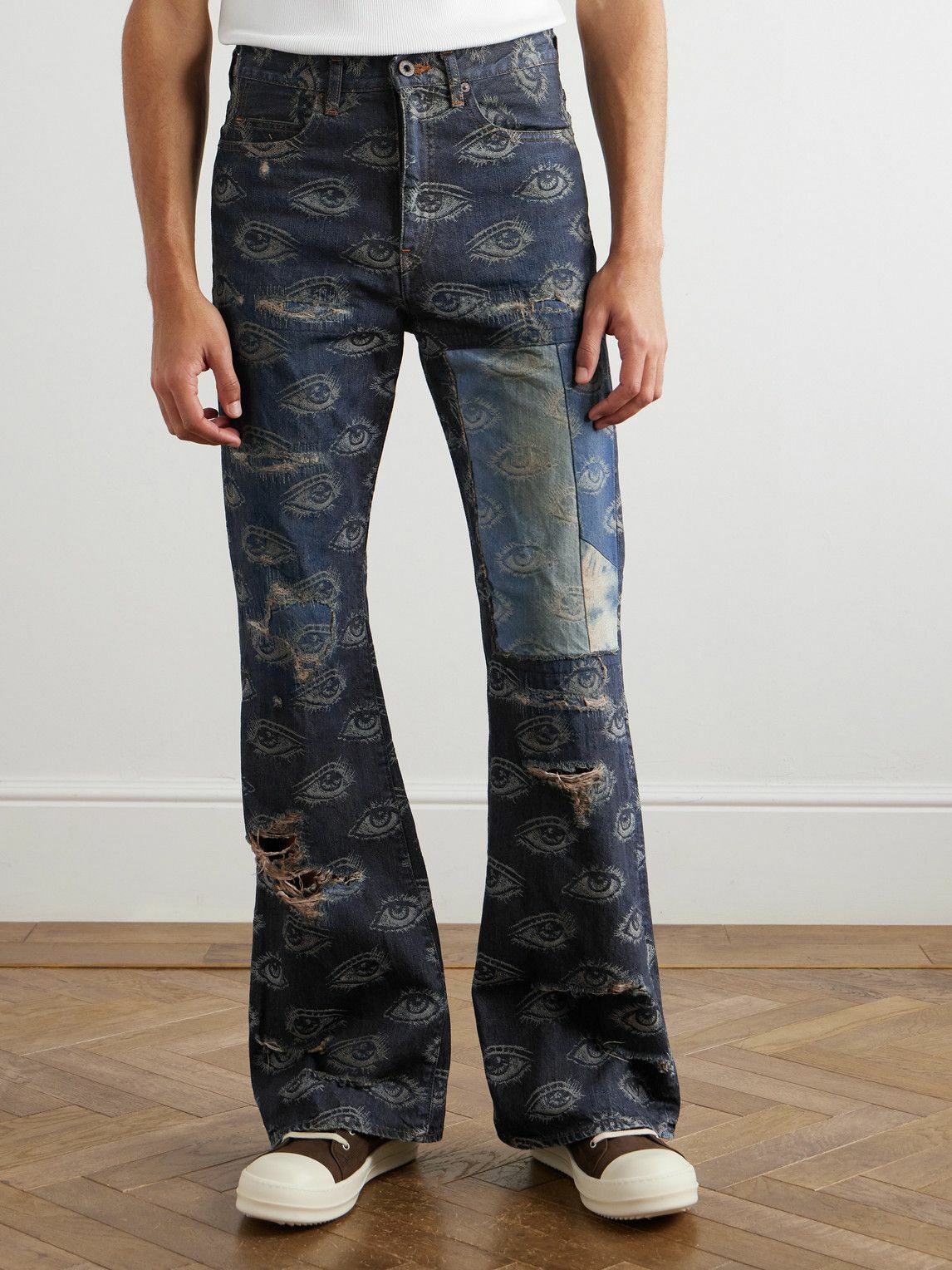 KAPITAL - Speakeasy Slim-Fit Flared Printed Distressed Jeans 