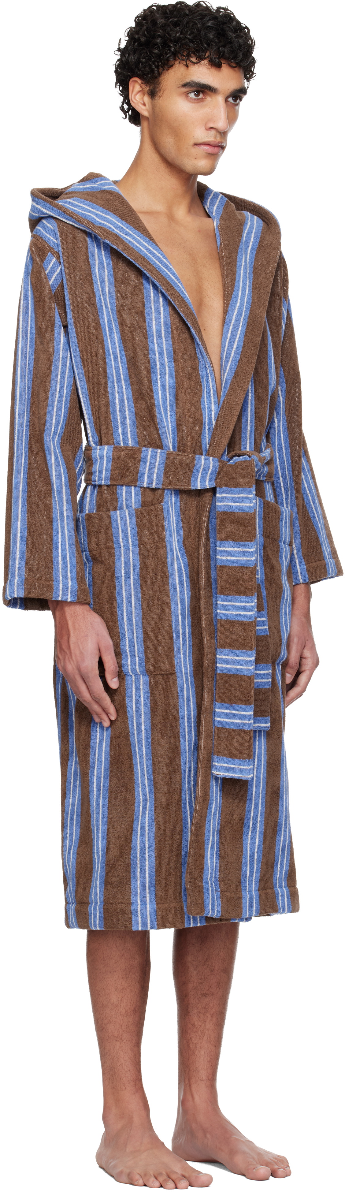Tekla Brown & Blue Terry Hooded Bathrobe