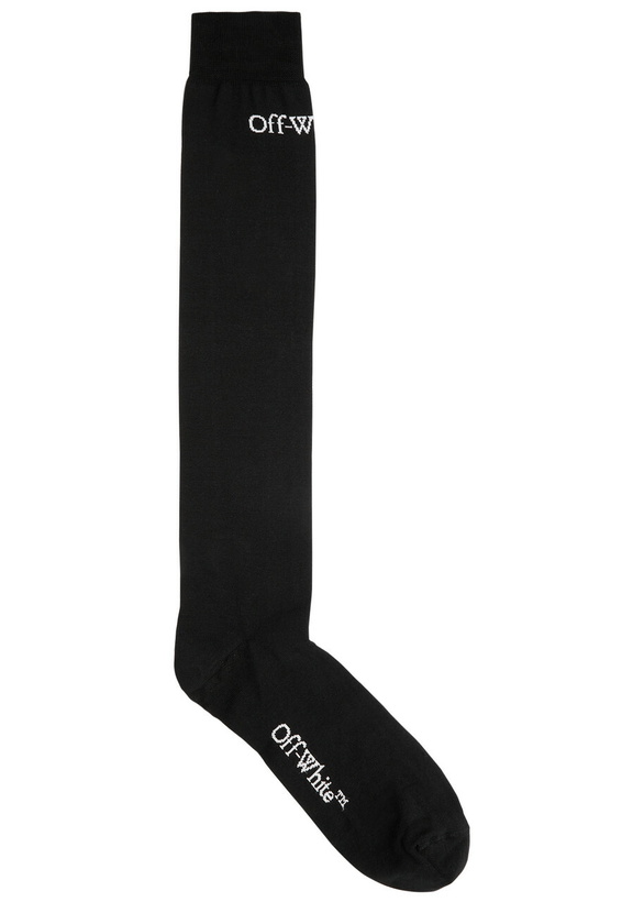 Photo: Off-white Bookish Cotton-blend Long Socks - Black - One Size