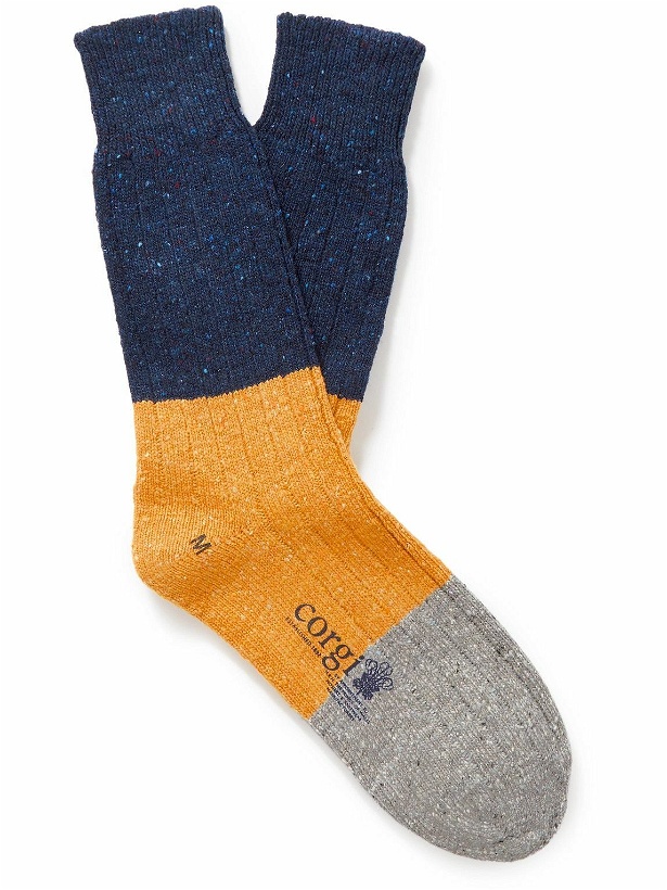 Photo: Corgi - Colour-Block Ribbed Merino Wool-Blend Socks - Blue