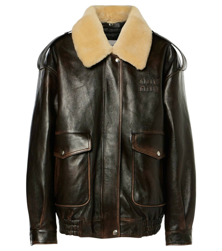 Photo: Miu Miu Logo faux shearling-trimmed leather jacket