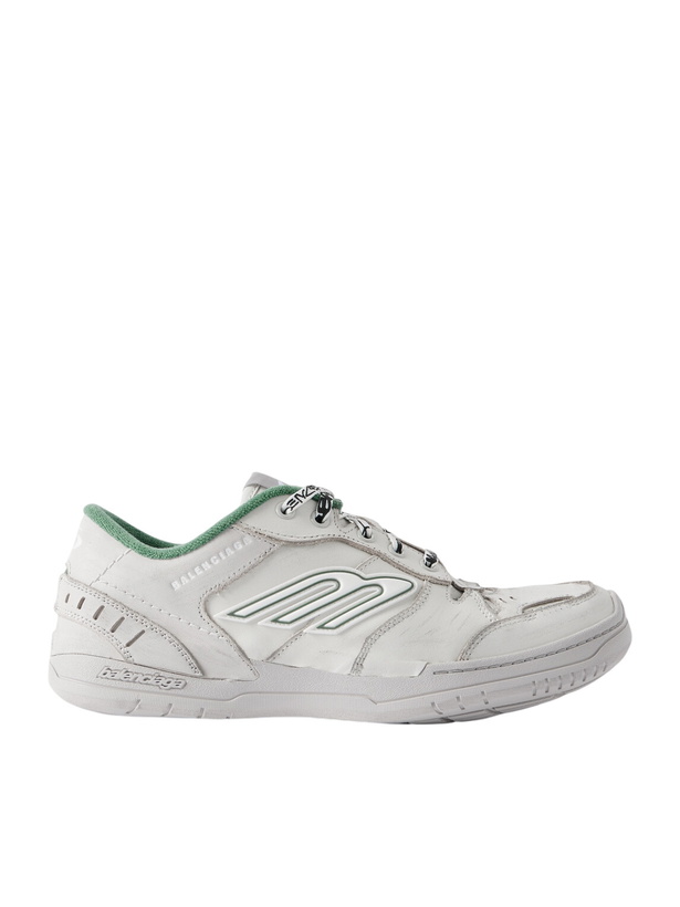 Photo: Balenciaga - Hamptons Logo-Appliquéd Distressed Leather Sneakers - White