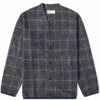 Universal Works Men's Check Bari Fleece Cardigan in Navy