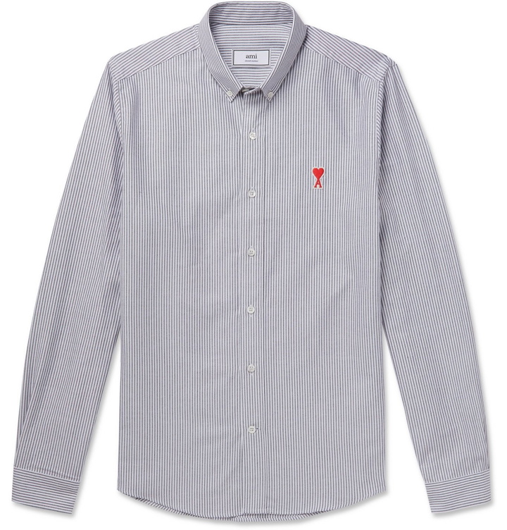 Photo: AMI - Button-Down Collar Logo-Appliquéd Striped Cotton Shirt - Blue