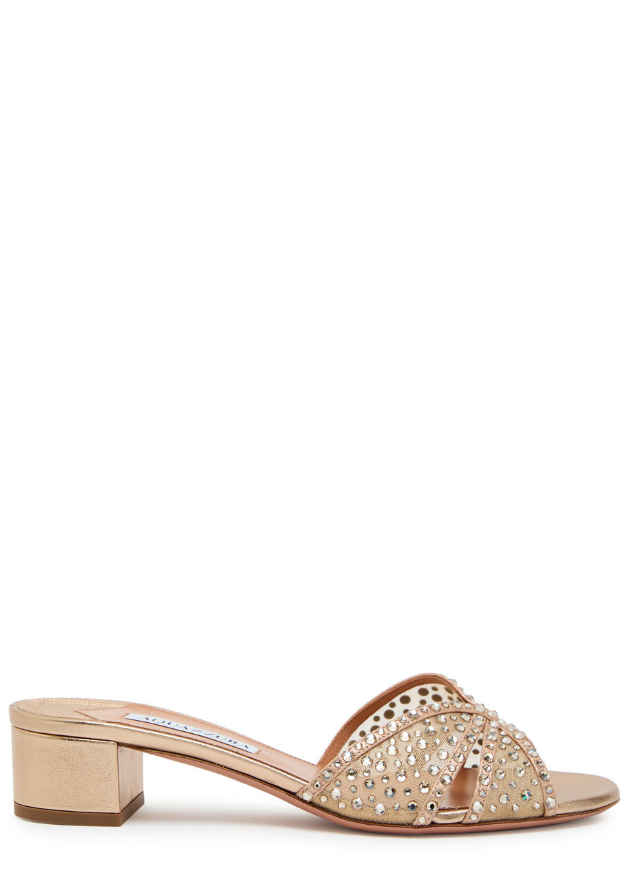 Aquazzura Crystal Lover 35 Embellished Metallic Nappa Mules Gold