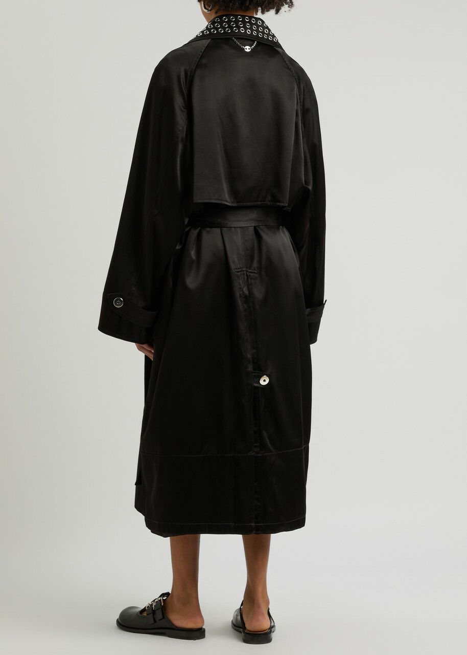 Rabanne Eyelet-embellished Satin Trench Coat Black