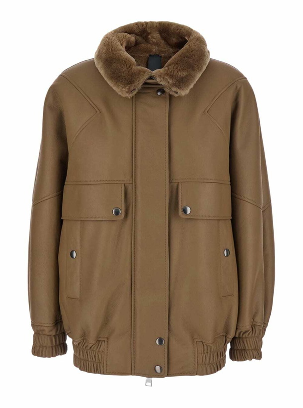 Photo: Blancha Brown Bomber Jacket With Fur Collar And Patch Pockets In Leather Woman